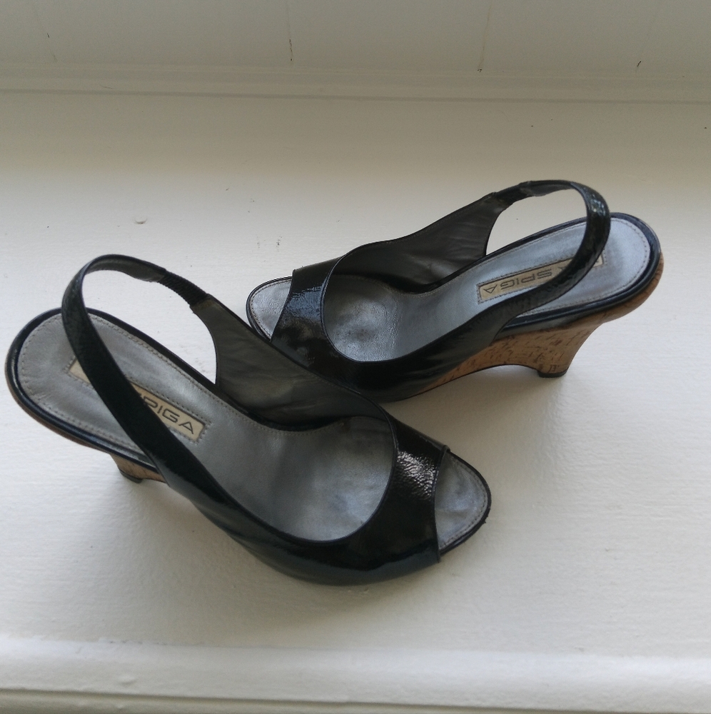 Via Spiga Black Patent Peep Toe Cork Wedges Size 5.5 4.75" heel - Picture 2 of 8